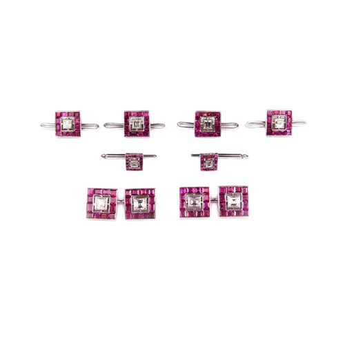 Ruby and diamond square panel gentleman's dress set, comprising a pair of cufflinks, four buttons and two studs